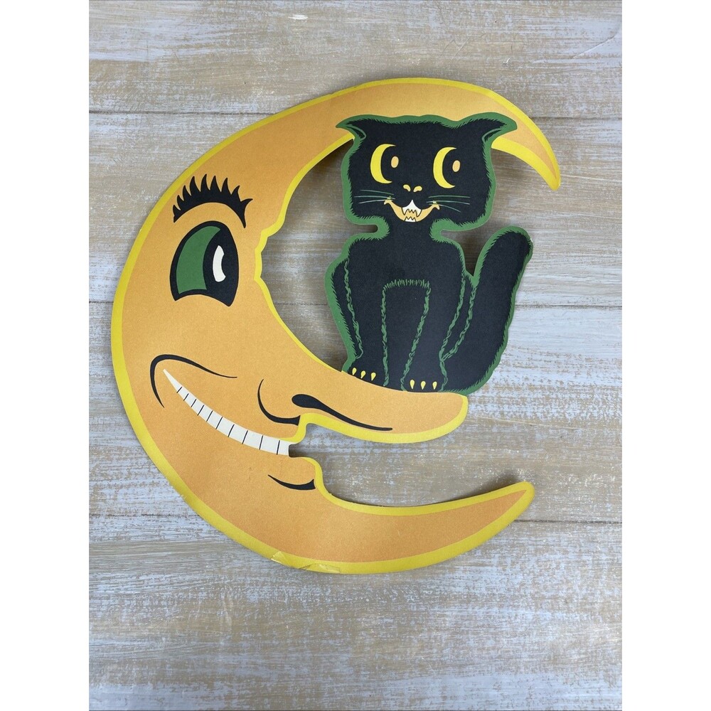 Vtg Halloween Die Cut BEISTLE Decoration Smiling Moon & Black Cat Art Embossed